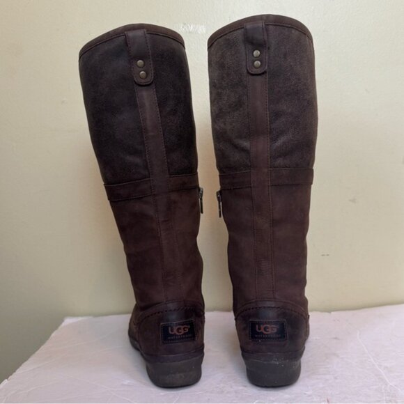 UGG ELSA Waterproof Tall Leather Suede Boots Zipper Laces Brown Winter Neutral 6 - Picture 4 of 16
